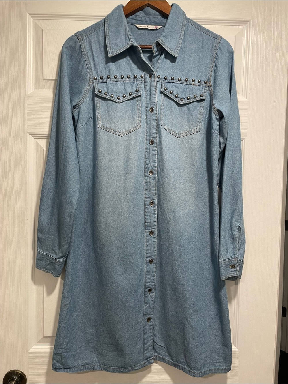 Light Blue Denim Long-Sleeve Shirt Dress with Stud Accents